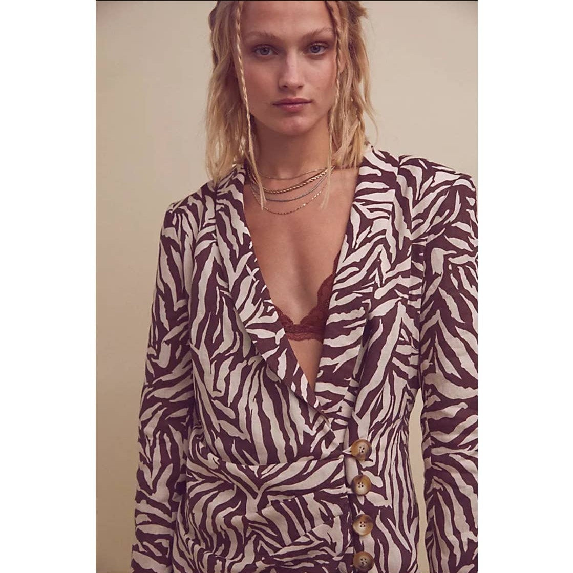 New Free People RUMER Cyrus Zebra Striped Blazer Mini Dress $379 X-SMALL Brown