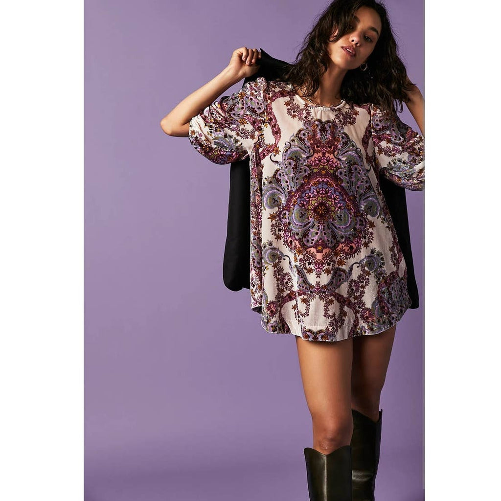 Free People Maye Printed Velvet Tunic Mini Dress X-SMALL Oversized Top Free People
