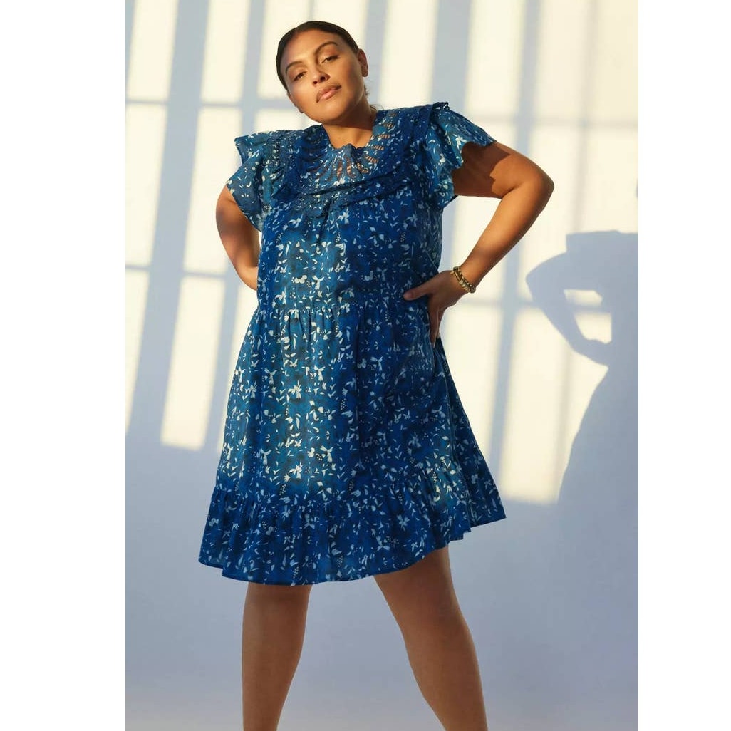 New Anthropologie Othilia Dessa Ruffled Mini Dress $248 PLUS XS Blue Cotton
