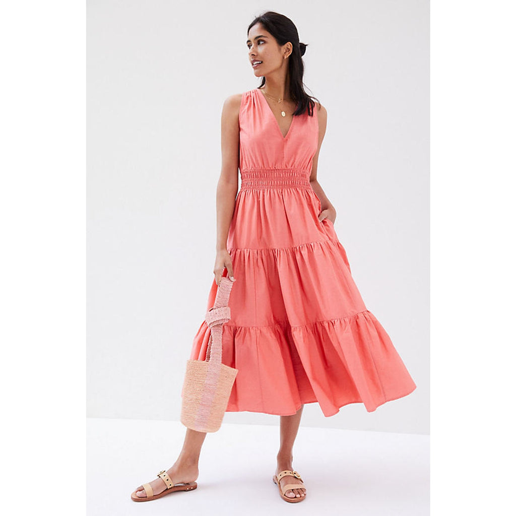 New Anthropologie Maeve Tiered Midi Dress $160 Rose SIZE 2 Rose Smocked