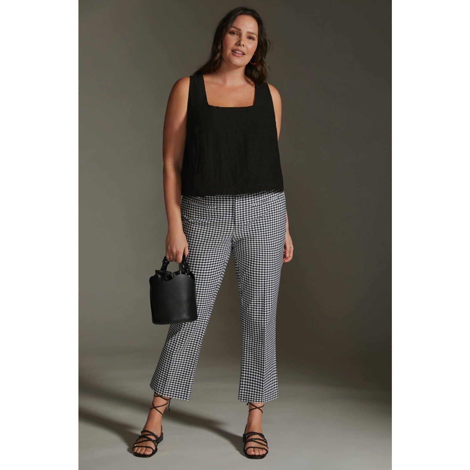 New Anthropologie The Essential Slim Kick Gingham Flare Pants $128 US 4 B&W Crop
