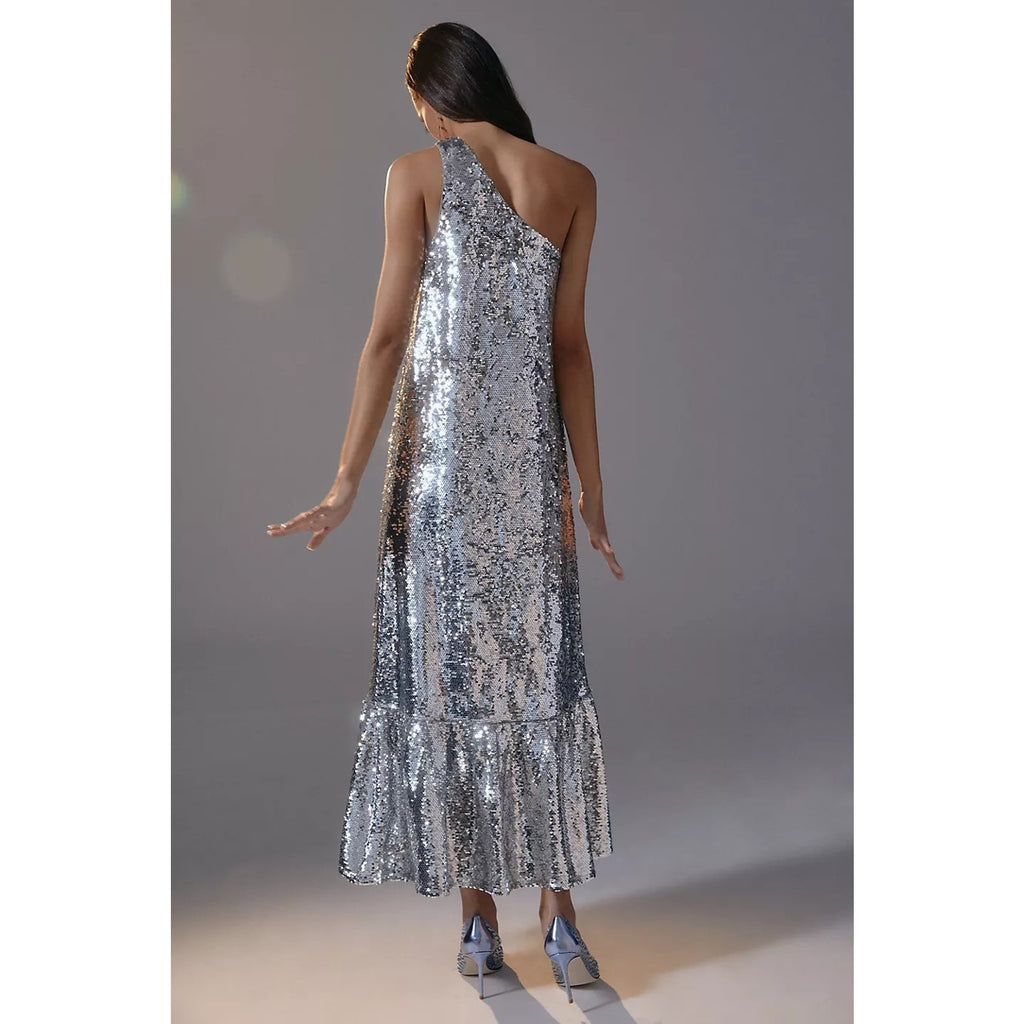 New Anthropologie Maeve One-Shoulder Sequin Dress $230 X-SMALL Silver