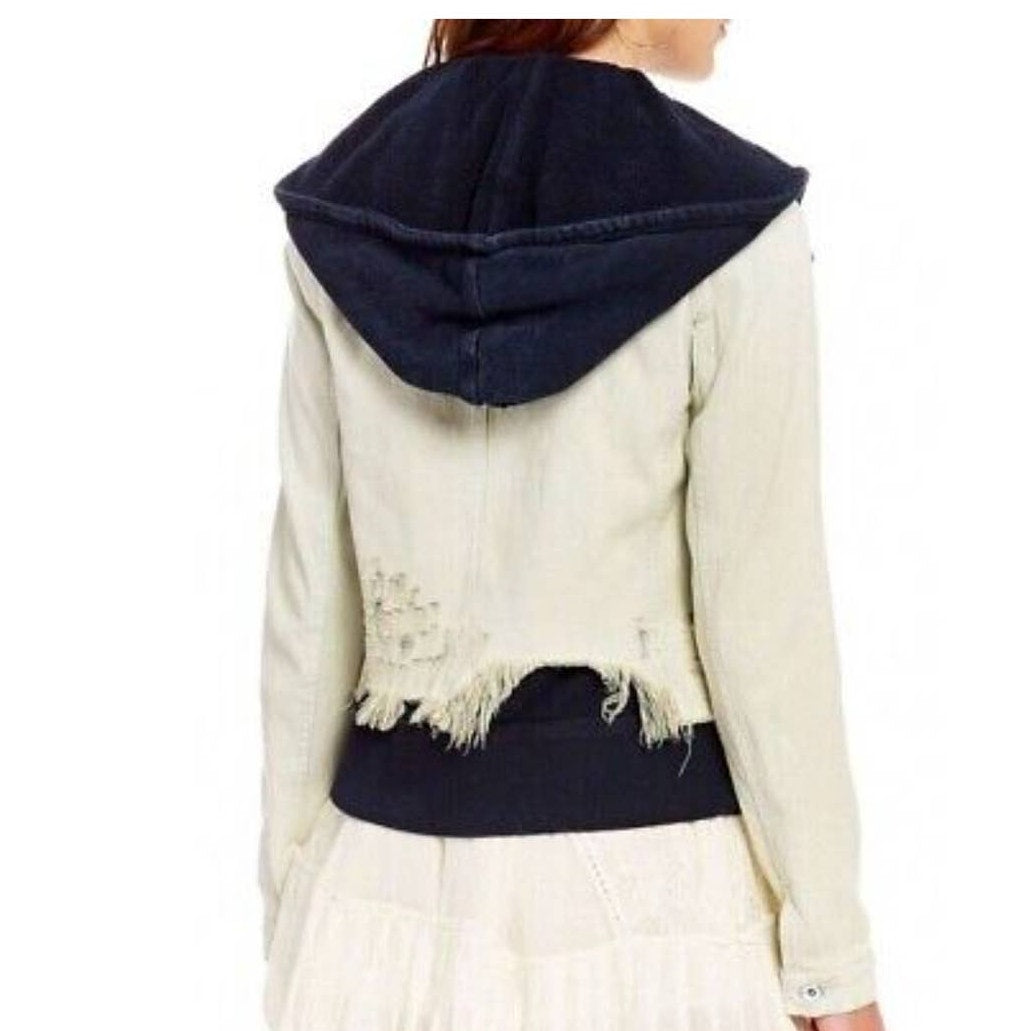 New Free People Double Weave Hooded Denim Jacket  $148 SMALL White Liberty Wash