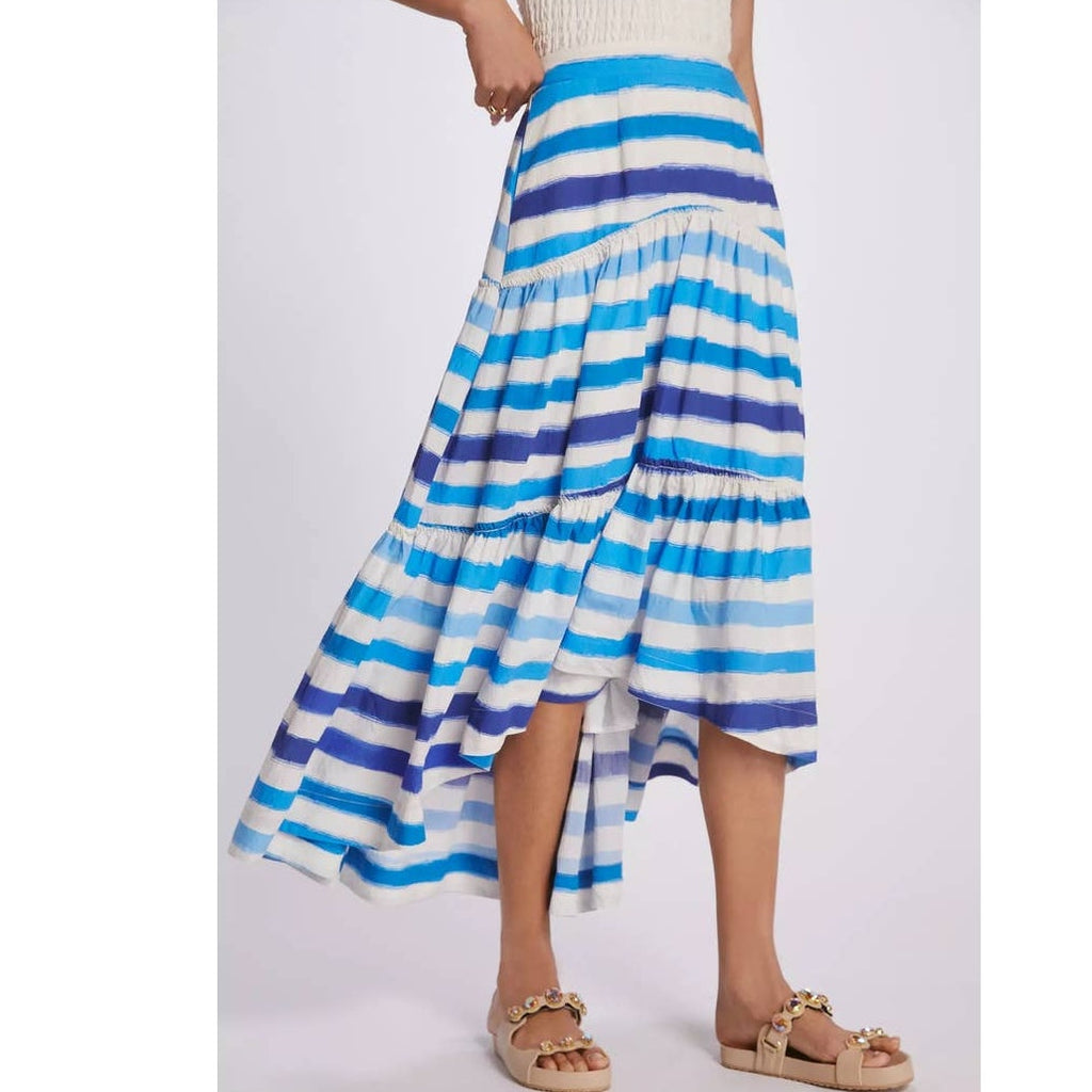 New Anthropologie Maeve Striped A-Line Midi Skirt  $148 X-SMALL Blue Tiered