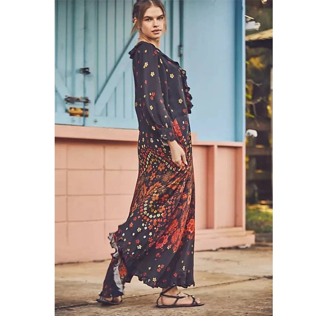 New Free People Talsey Floral Maxi Dress $198 X-SMALL Black Combo Long Sleeve