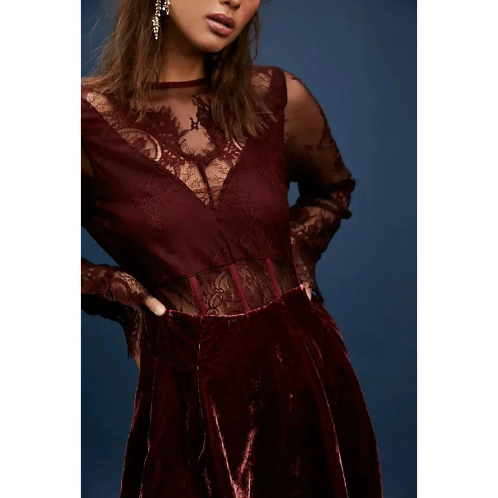 New Free People Marlie Lace Mini Dress $198 X-SMALL Garnet
