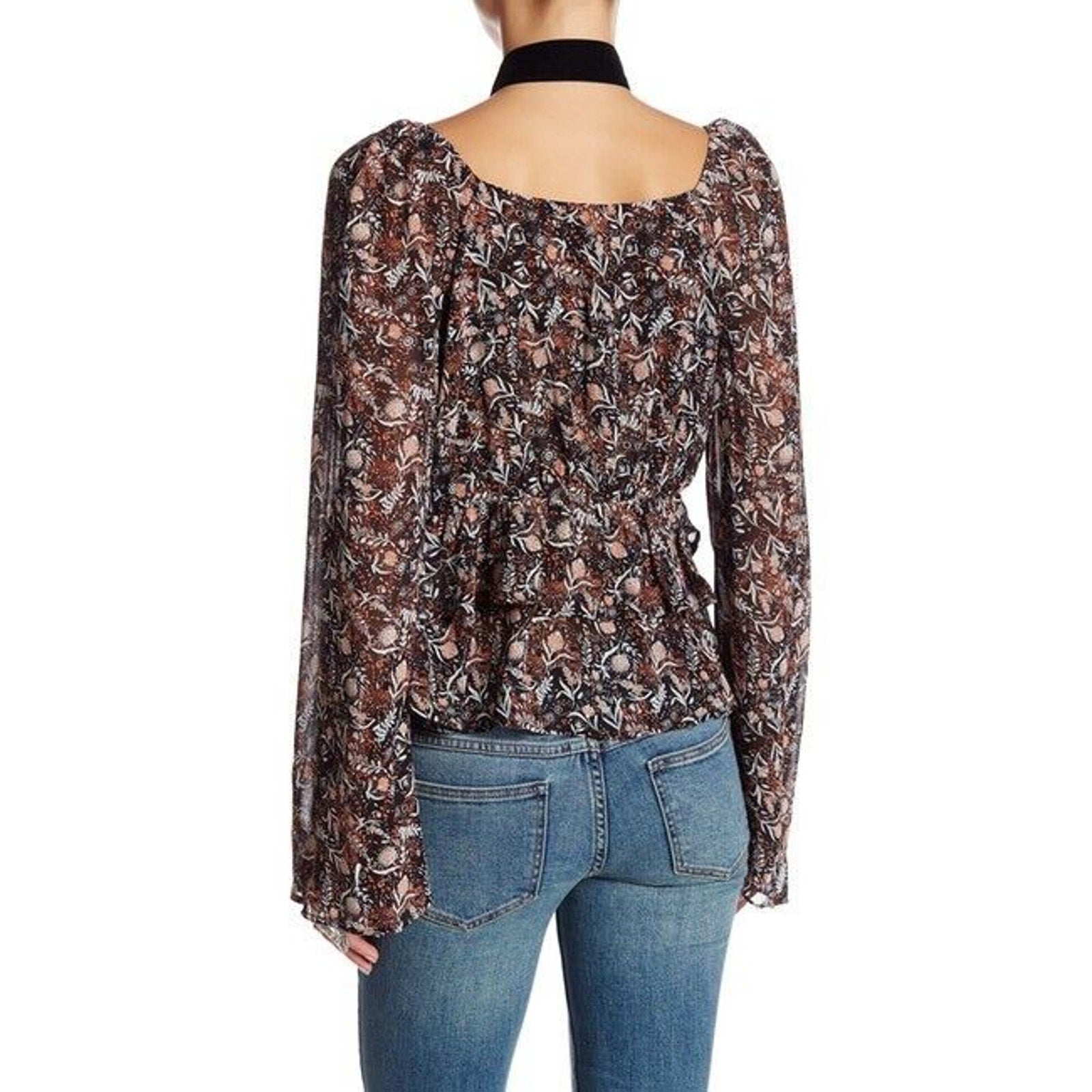 New Free People Uptown Floral Bell Long Sleeve Blouse Retail $118 SMALL Black