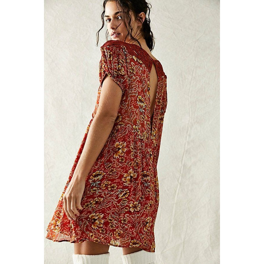 New Free People Margot Boho Floral Mini Dress $168 X-SMALL Terracotta