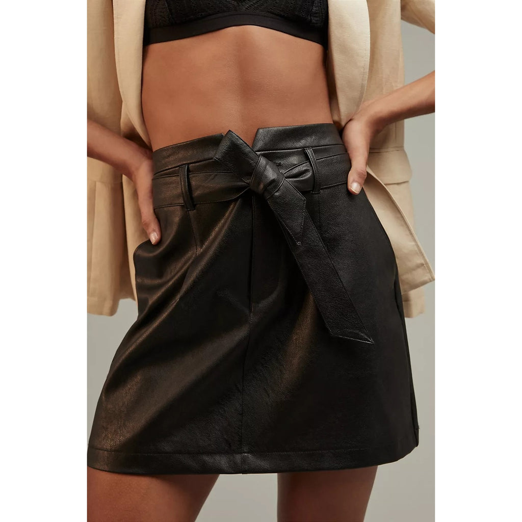 New Anthropologie Paige Vegan Leather Tie Mini Skirt $199 Sz 27 (4) BELTED Black