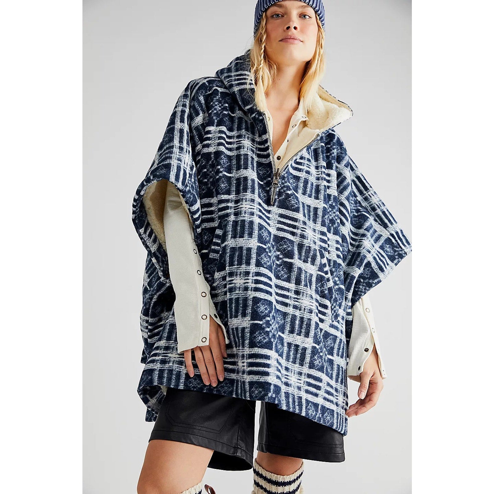 Free People Miss You Hooded Poncho SLOUCHY Plaid OVERSIZED  M/L Carbon