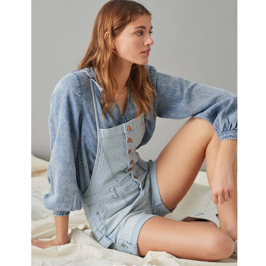 New Anthropologie Pilcro Everyday Short Overalls $128 SIZE 27 Railroad Stripe