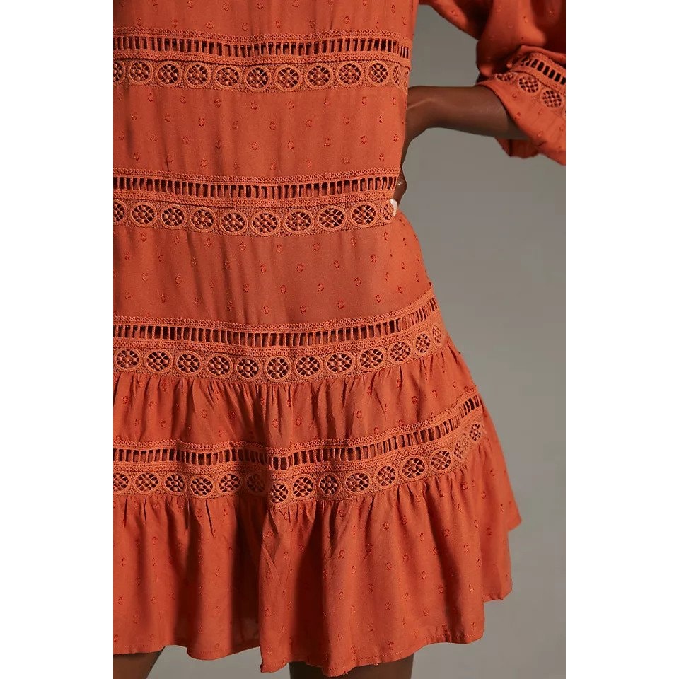 New ANTHROPOLOGIE Tiered Puff Long Sleeve Mini Dress $160 MEDIUM Terracotta
