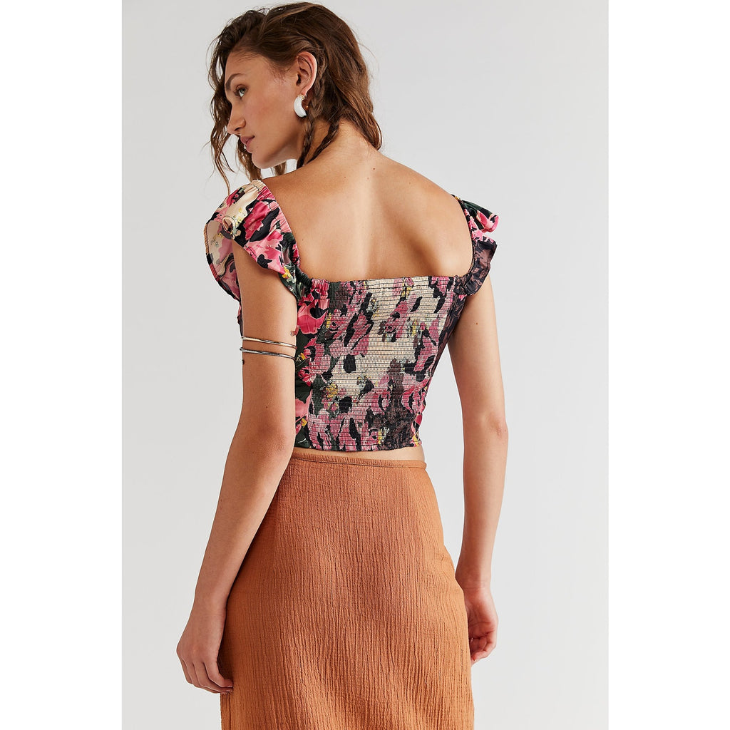 Free People Mimi Off The Shoulder Ruffled Top $118 SMALL Retro Floral Smocked