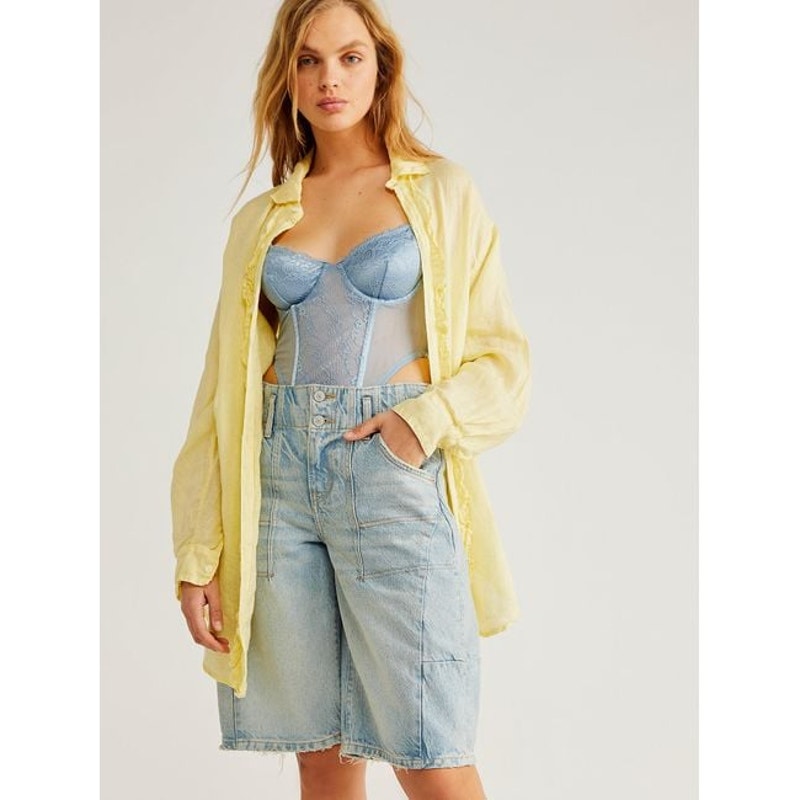 New Free People x CP Shades Solid Ruffle Linen Shirt $252 X-SMALL Banana Cream