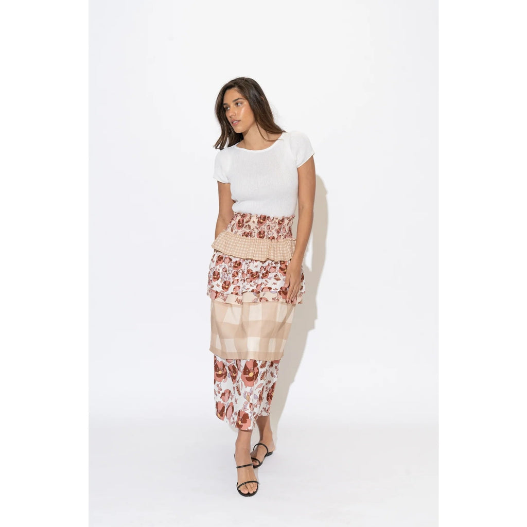 New AMBRA MADDALENA Guinivera Tiered Midi Skirt $200 US 4 Checks & Florals