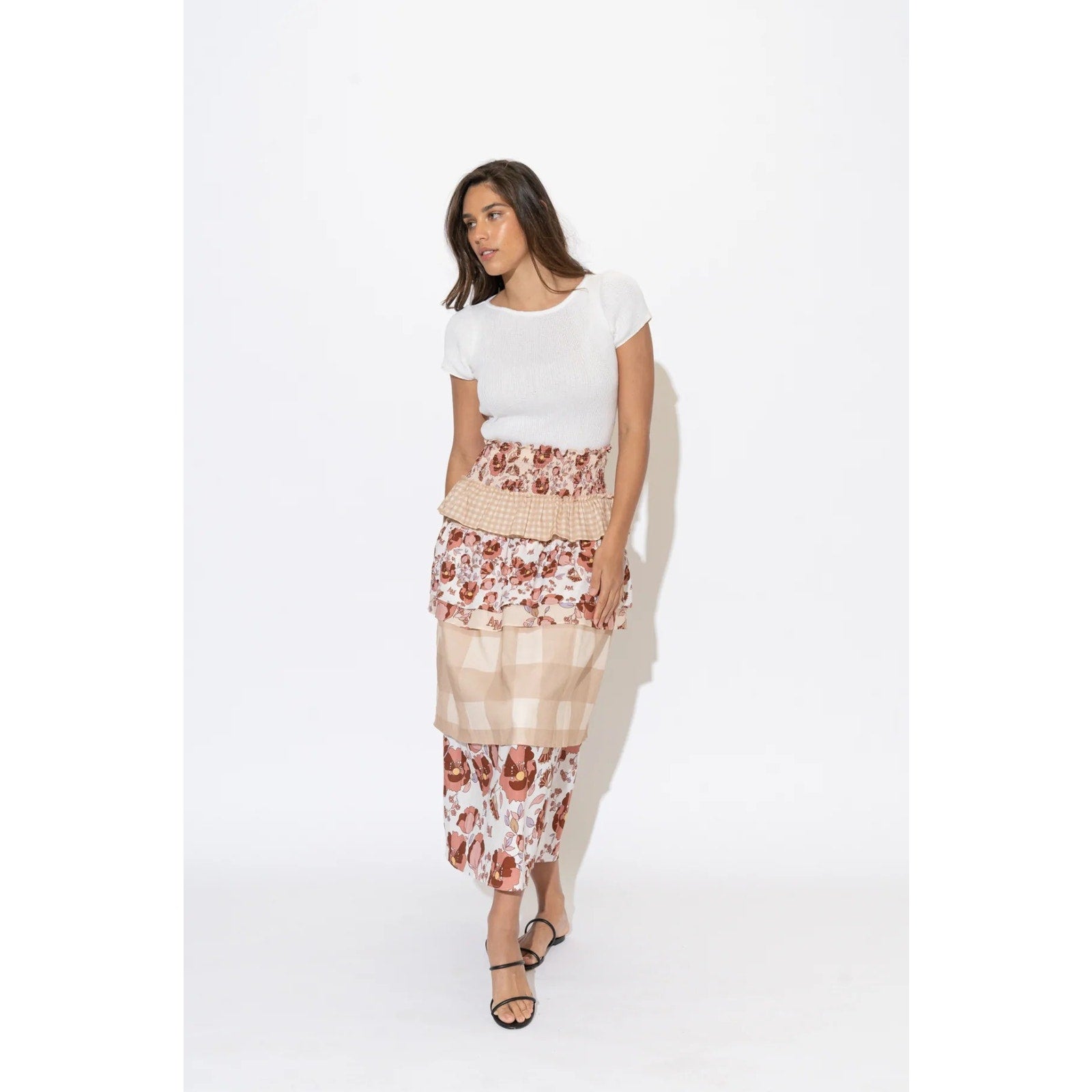New AMBRA MADDALENA Guinivera Tiered Midi Skirt $200 US 4 Checks & Florals