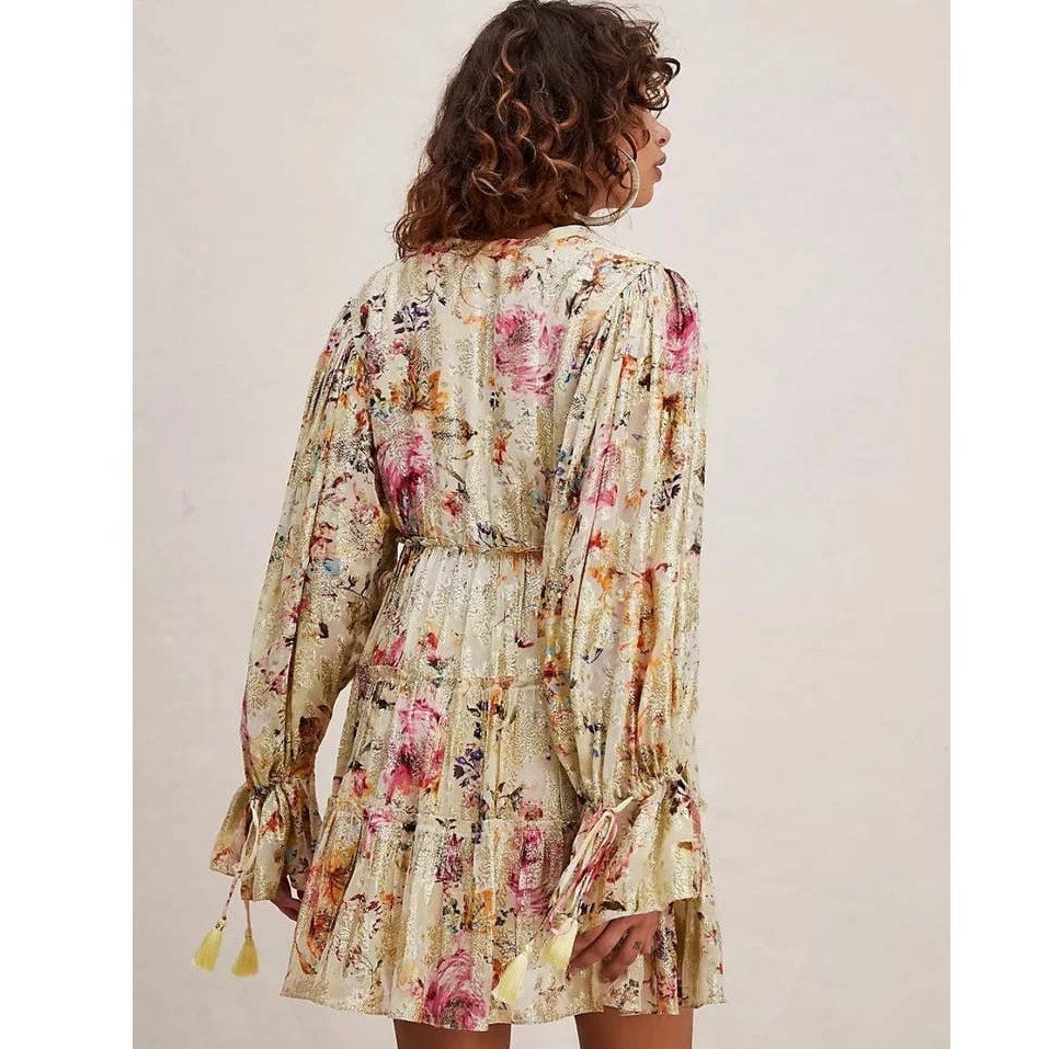 New Free People Rococco Sands Cara Mini Dress $383 SMALL Ivory Tiered Metallic