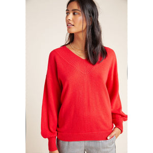 New Anthropologie Maisie Striped V-neck Cashmere Sweater by Charli $274 XS Red