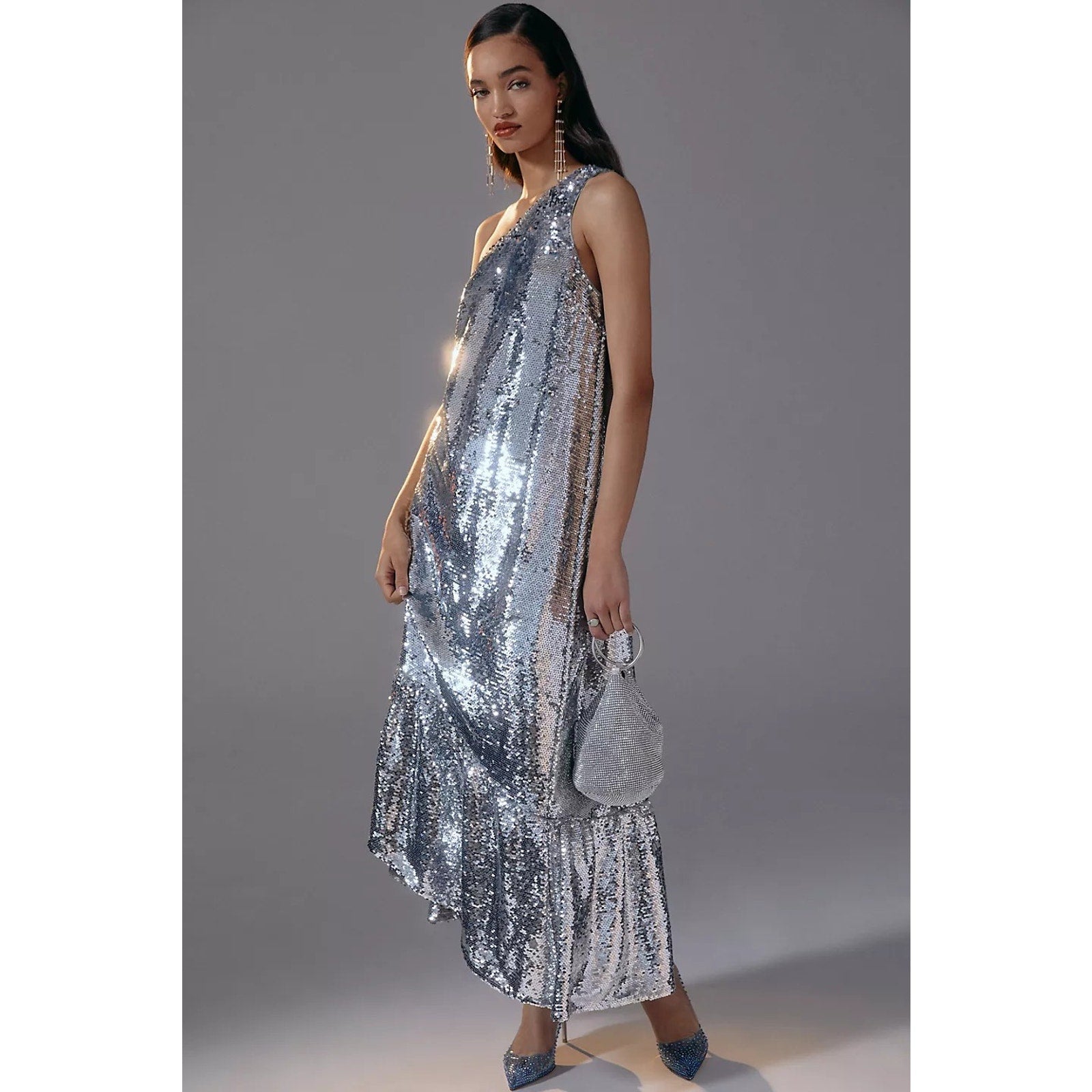 New Anthropologie Maeve One-Shoulder Sequin Dress $230 X-SMALL Silver