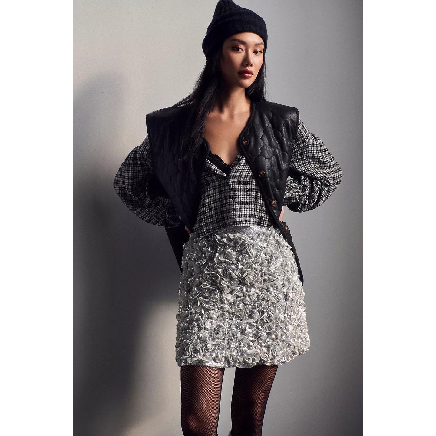 New Anthropologie Mare Mare 3-D Sequin Mini Skirt  $198 SMALL Silver