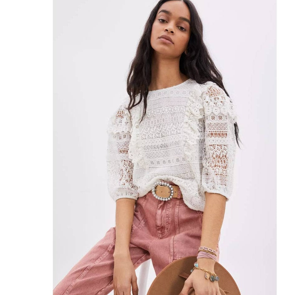 New Anthropologie SEEN WORN KEPT Serena Lace Blouse $148 SMALL Ivory