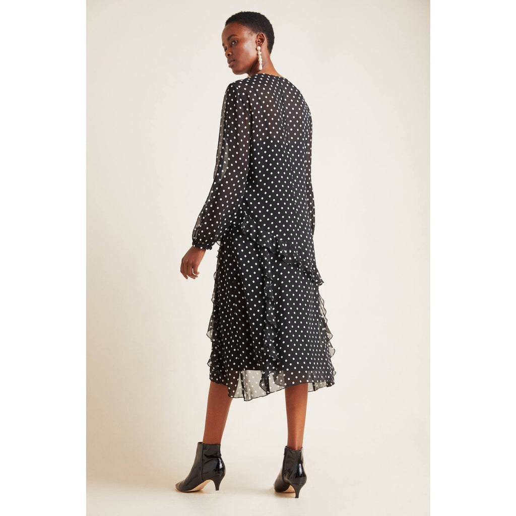 New Anthropologie Sirena Ruffled Tunic Midi Dress  $160  SMALL Midi Polka Dot