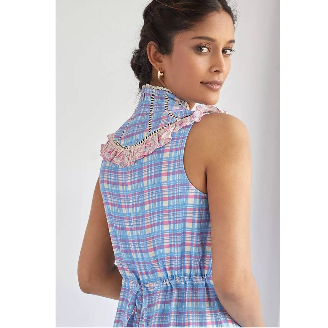 New Anthropologie Plenty By Tracy Reese Plaid Mini Dress $178 SMALL Pink/Blue