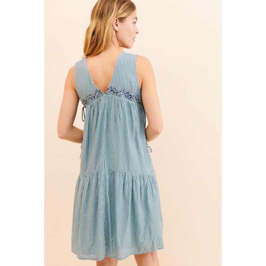New Anthropologie Aida Floral Embroidered Mini Dress $148 SMALL Blue Striped