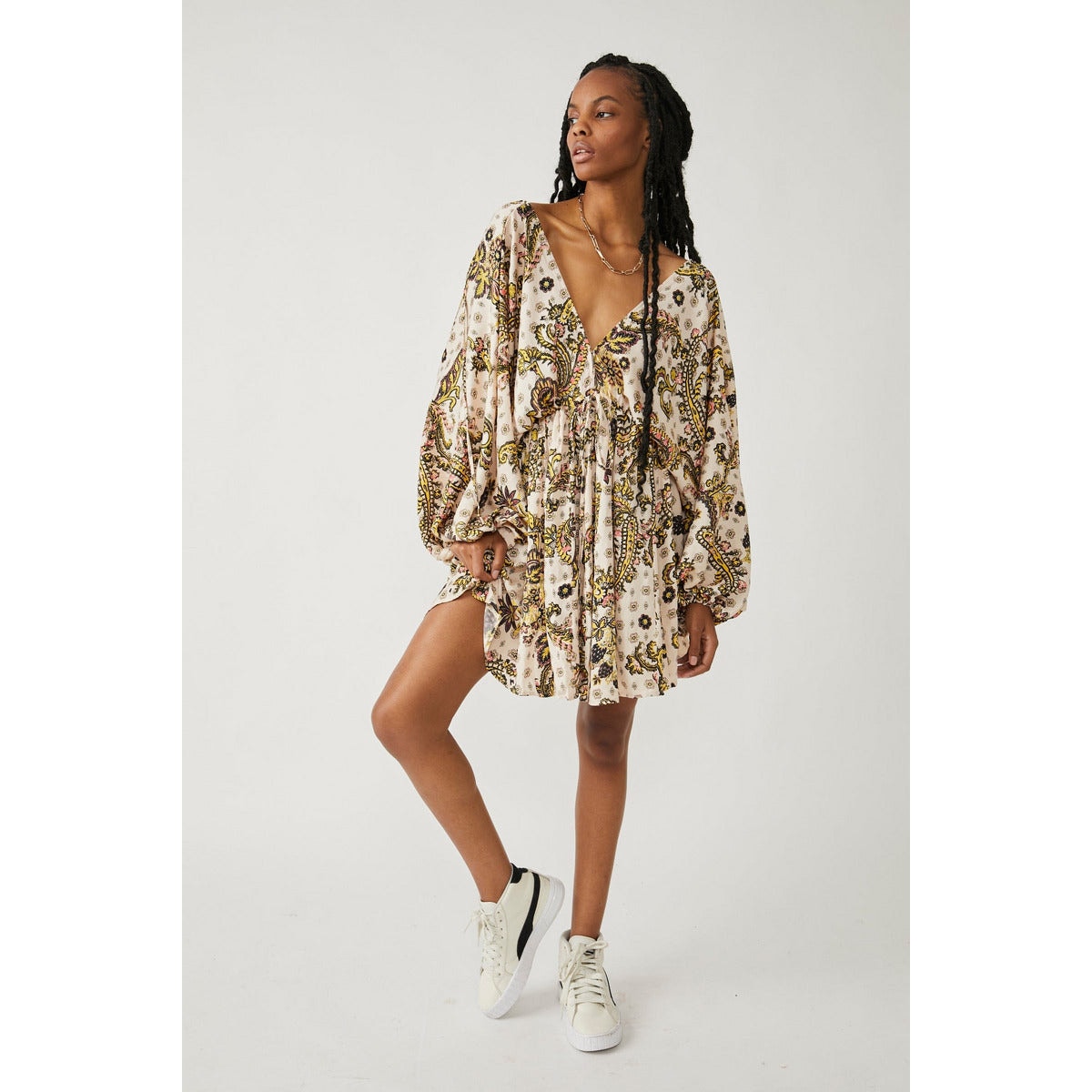 New Free People Arzel Printed Mini Dress $148  X-SMALL Tea Combo Long Sleeve
