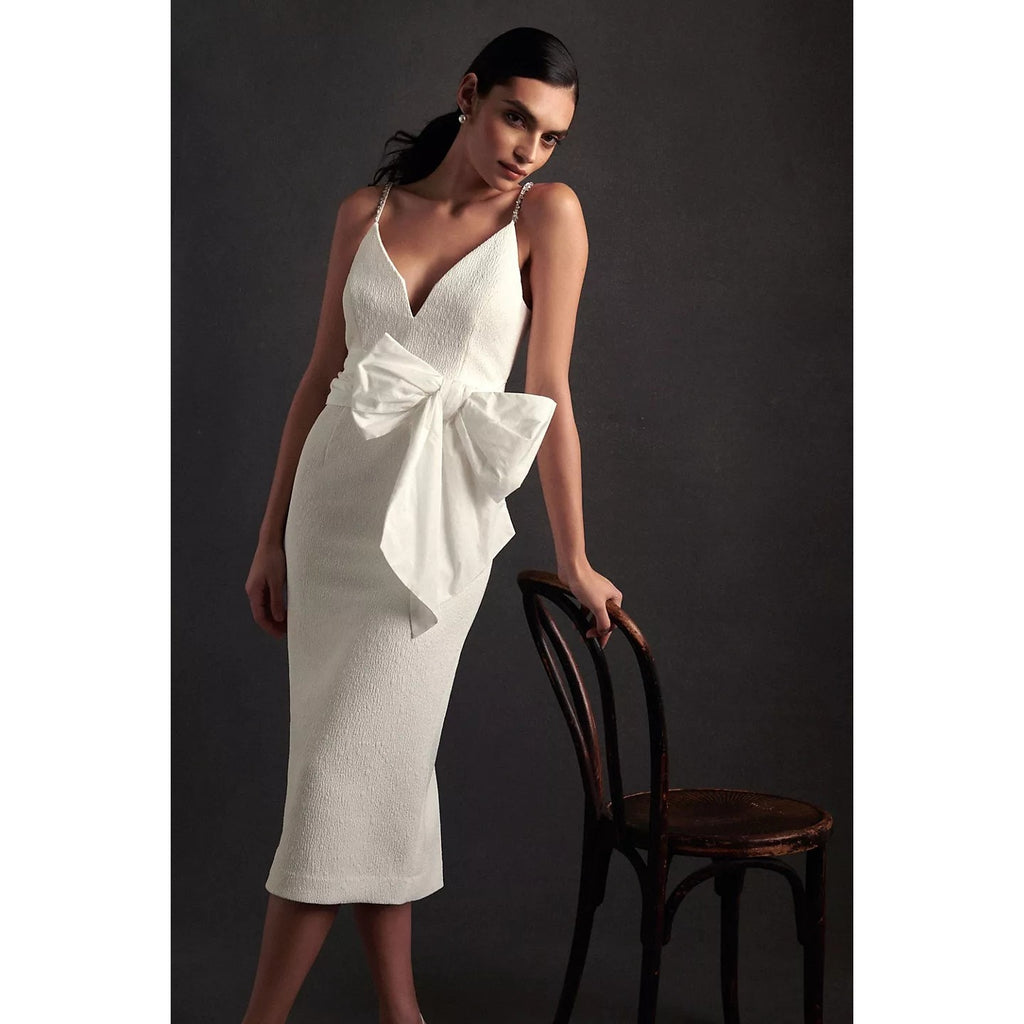 New Rebecca Vallance Genevieve Bow V-Neck Sheath Midi Dress $630 SIZE 8 White