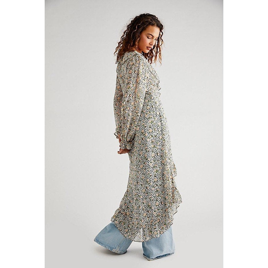 Free People Gigi Semi Sheer Floral Maxi Top $198 SMALL Ivory Long Sleeve