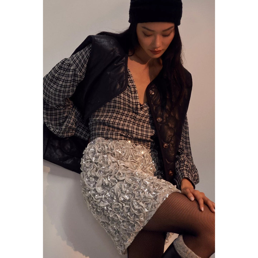 New Anthropologie Mare Mare 3-D Sequin Mini Skirt  $198 SMALL Silver