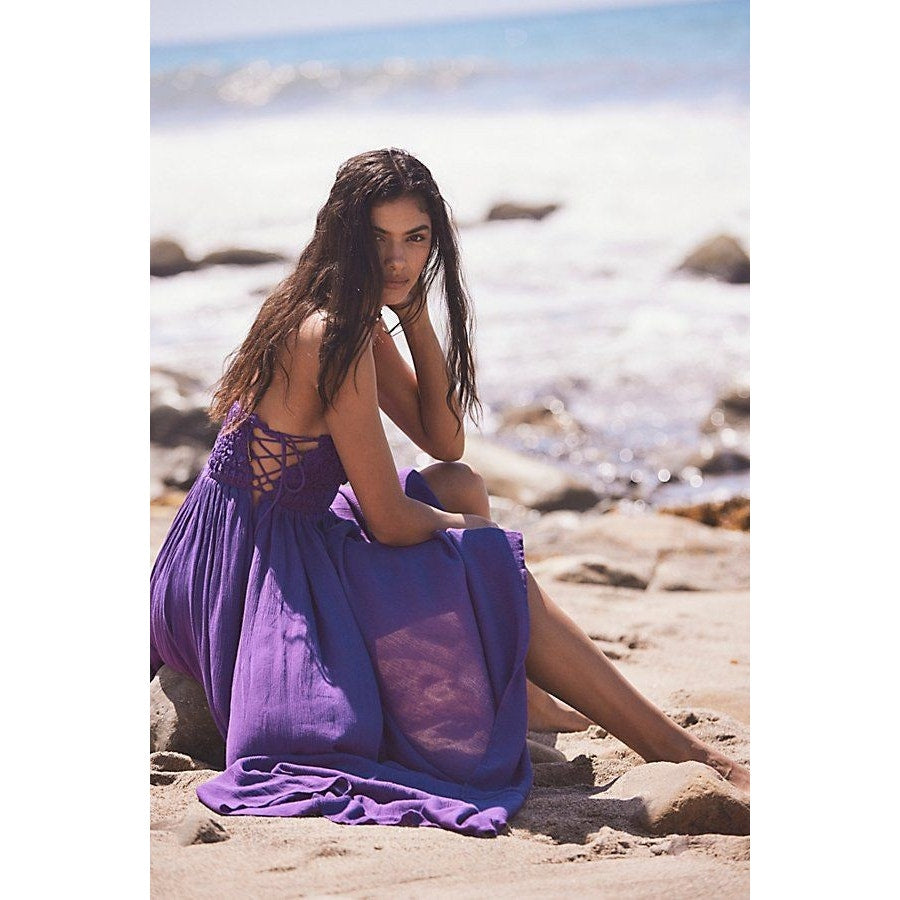 New Free People Turning Up The Temperature Maxi $118 SMALL Purple LACE-UP Sides