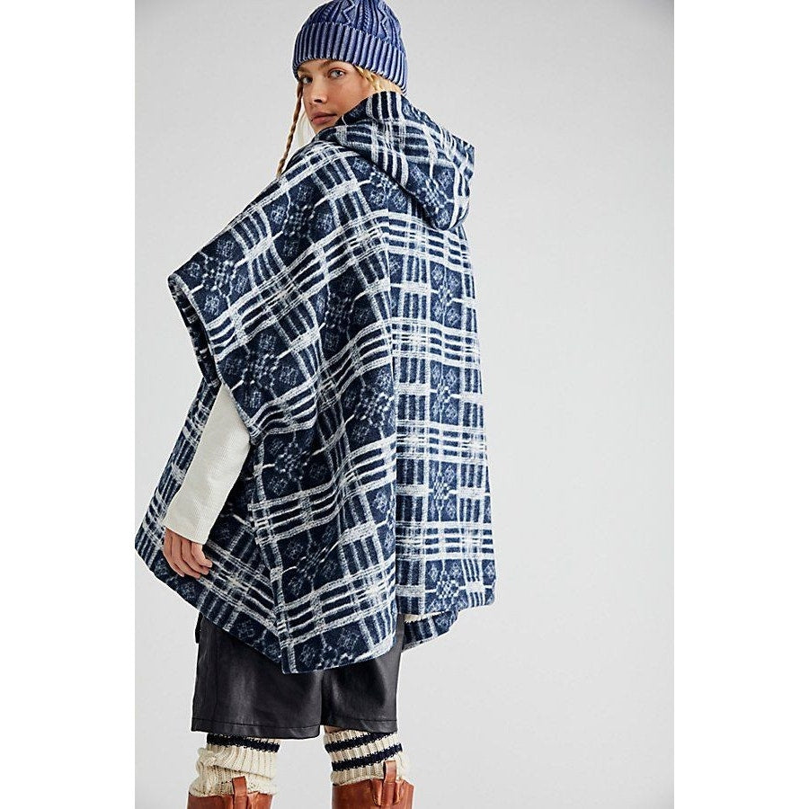 Free People Miss You Hooded Poncho SLOUCHY Plaid OVERSIZED $198 XS/S Blue