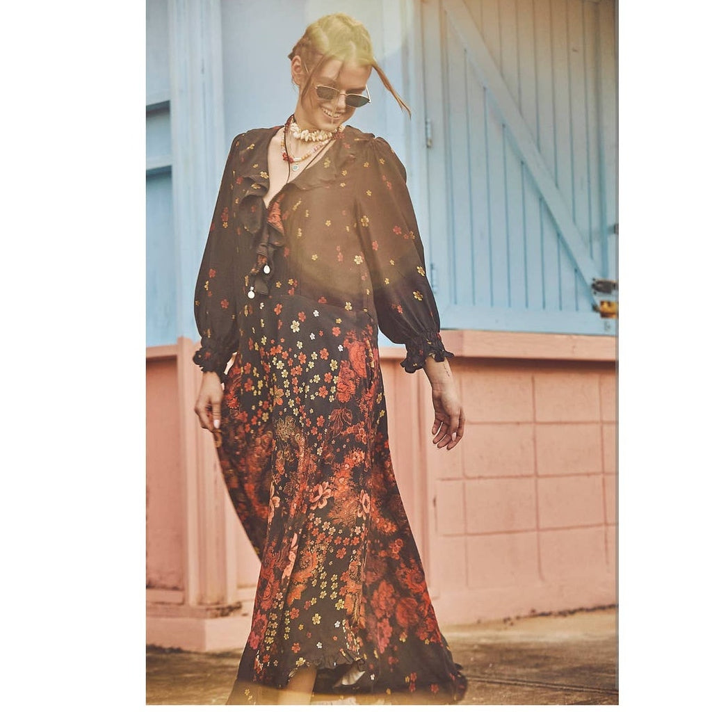 New Free People Talsey Floral Maxi Dress $198 X-SMALL Black Combo Long Sleeve