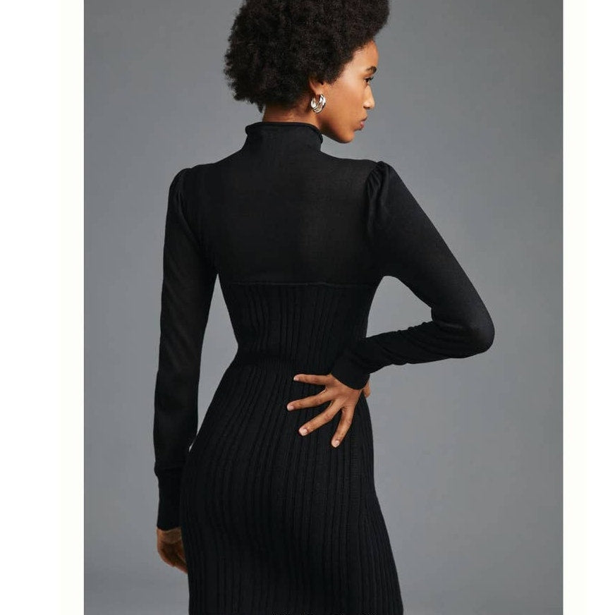 New By Anthropologie Turtleneck Sweater Dress $160 LARGE Black Mini Long Sleeve