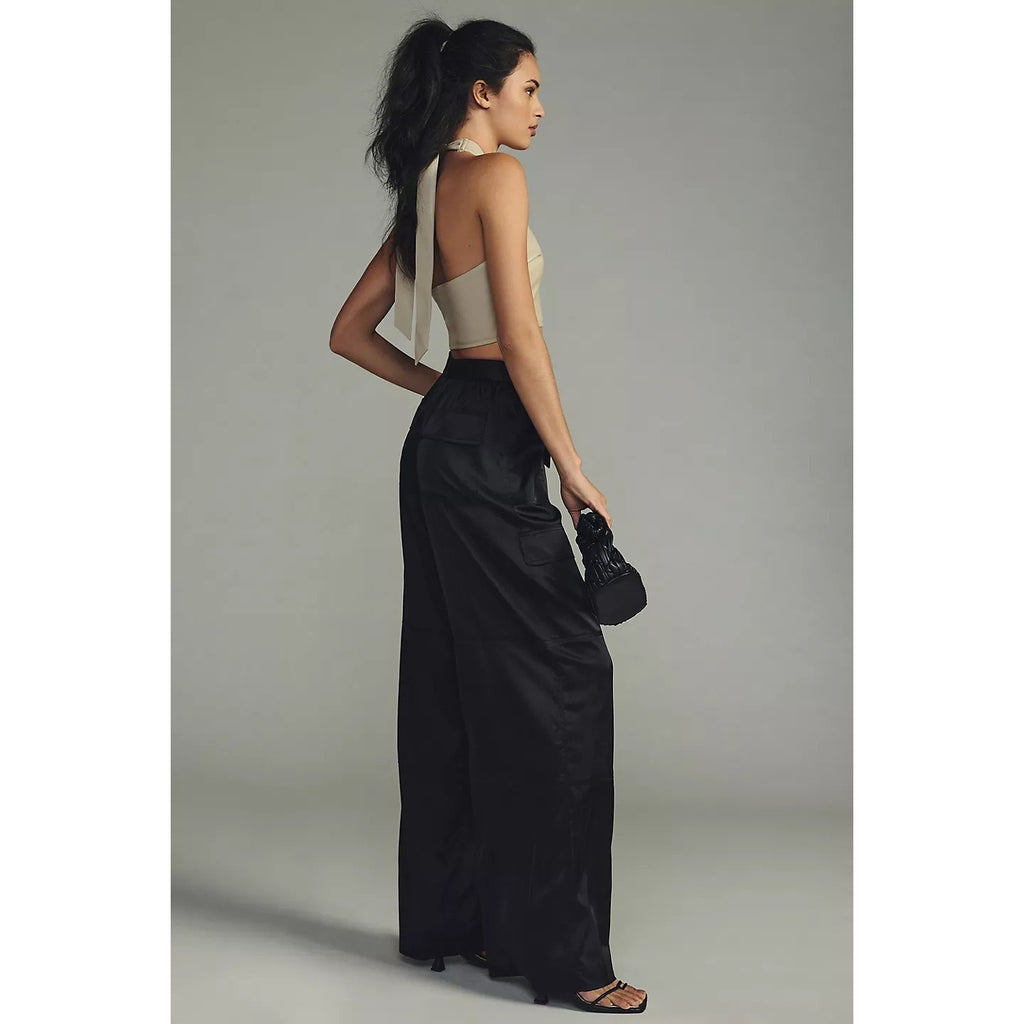 New Anthropologie Hutch Satin Utility Pants $148 SMALL Black Spandex