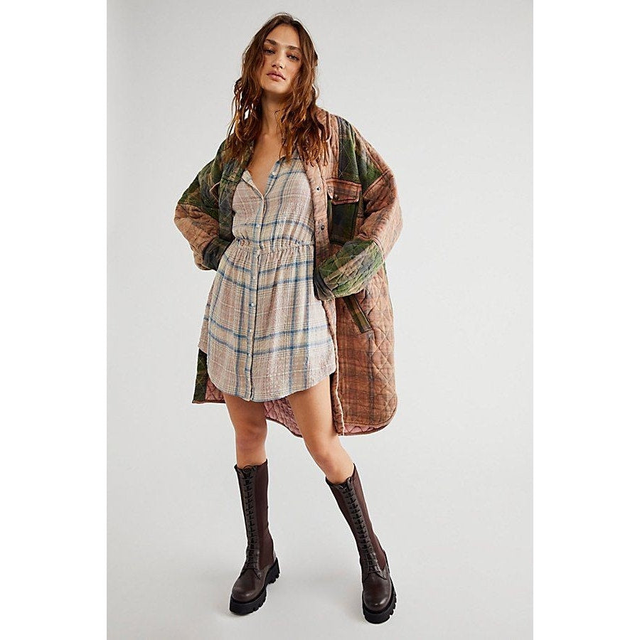 New Free People Elai Plaid Mini Shirtdress $148 X-SMALL Ivory Combo Long Sleeve