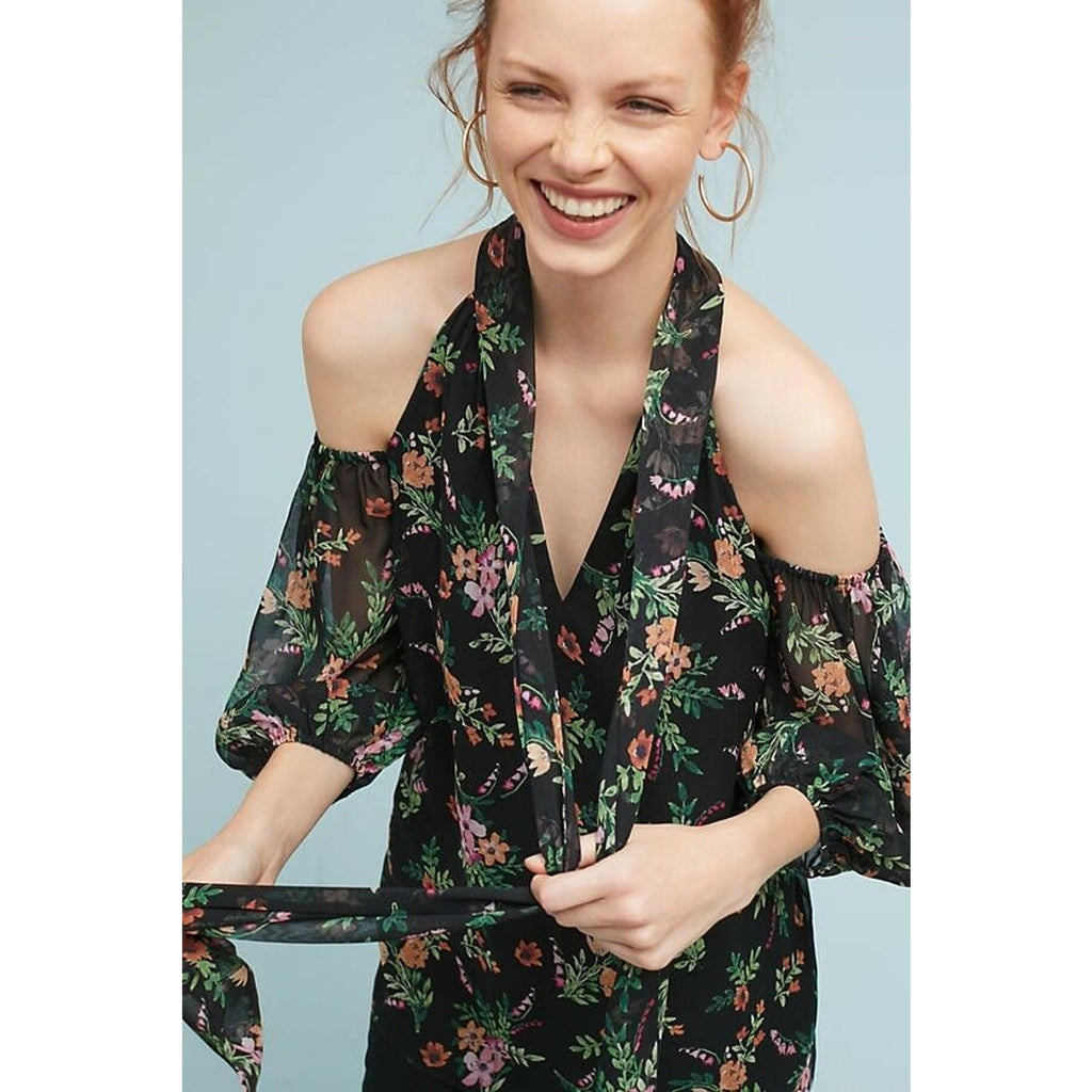 New Anthropologie Shoshanna Open-Shoulder Silk Floral Blouse $350 SMALL Black