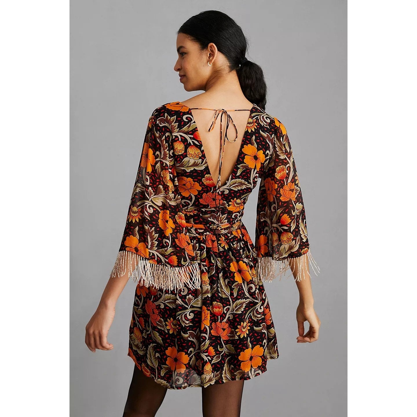 New Anthropologie Verb by Pallavi Floral Fringed Mini Dress $220 XS Brown Motif