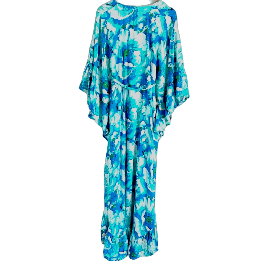 New Anthropologie Bel Kazan Floral Kaftan $150 ONESIZE Blue/Green Resort Wear