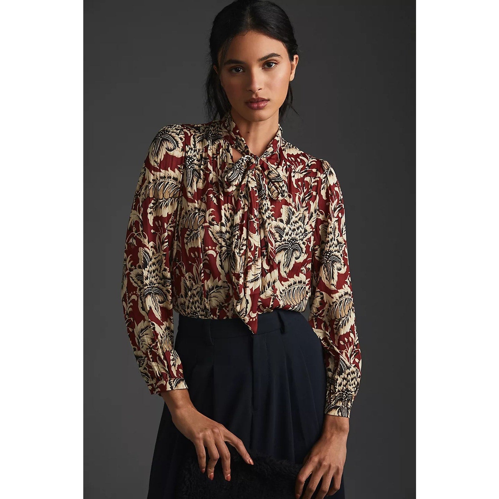 New By Anthropologie Tie-Neck Blouse $128 SMALL Brown Floral Motif Button Front
