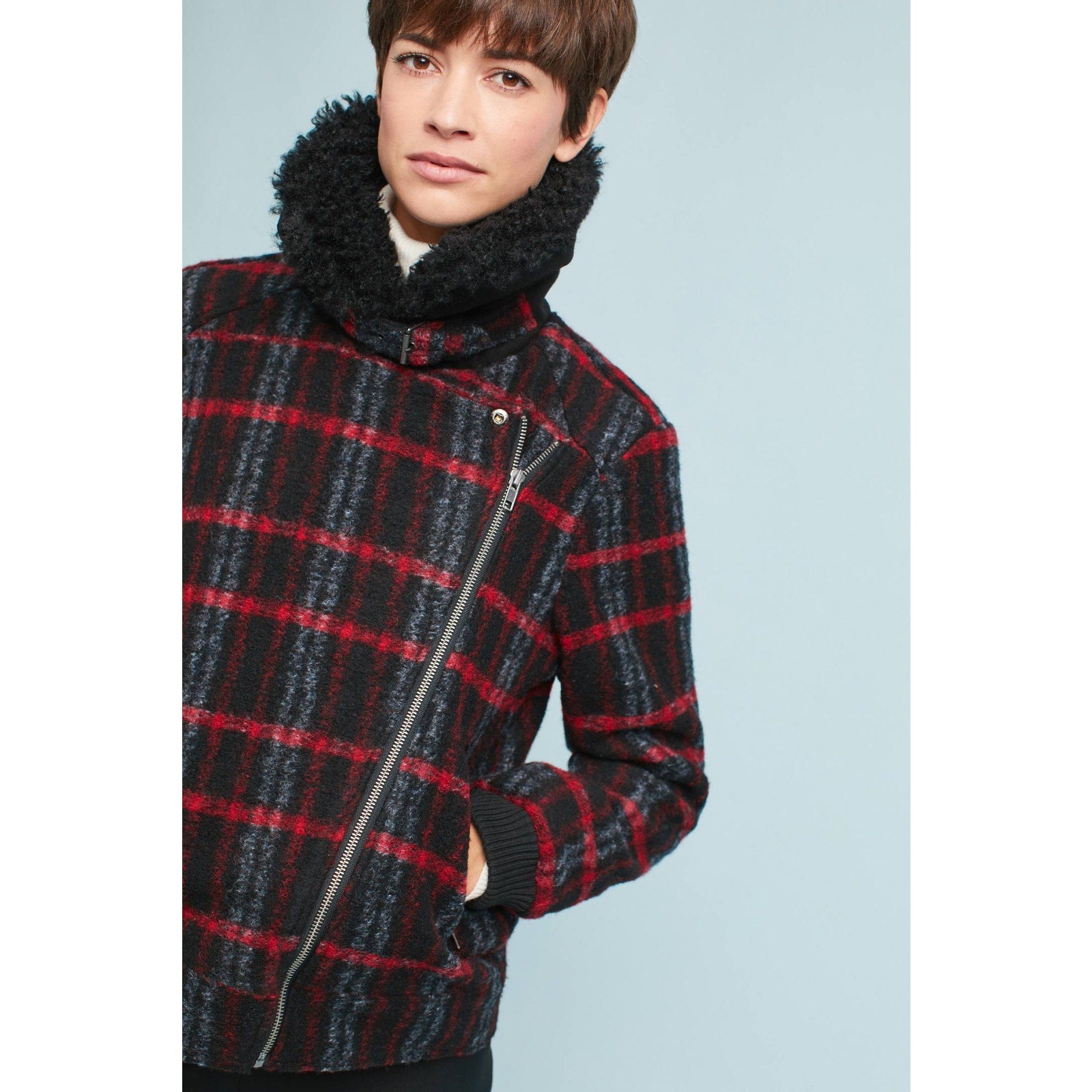 New Anthropologie Plaid Shearling Moto Jacket by Greylin $225 SMALL