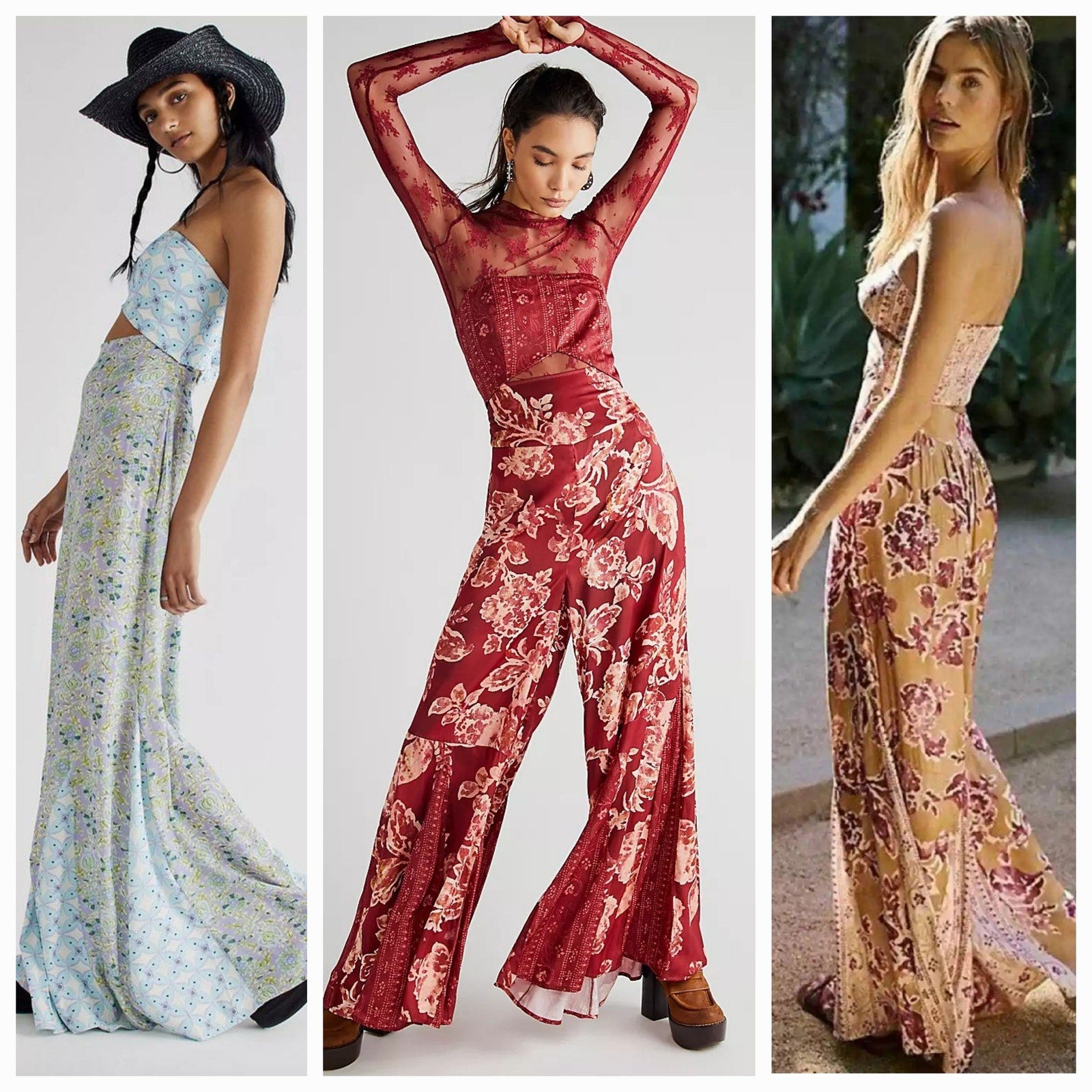 Free People Silky Juliet Jumpsuit SMALL Wine Floral Boho Wide Leg Free People