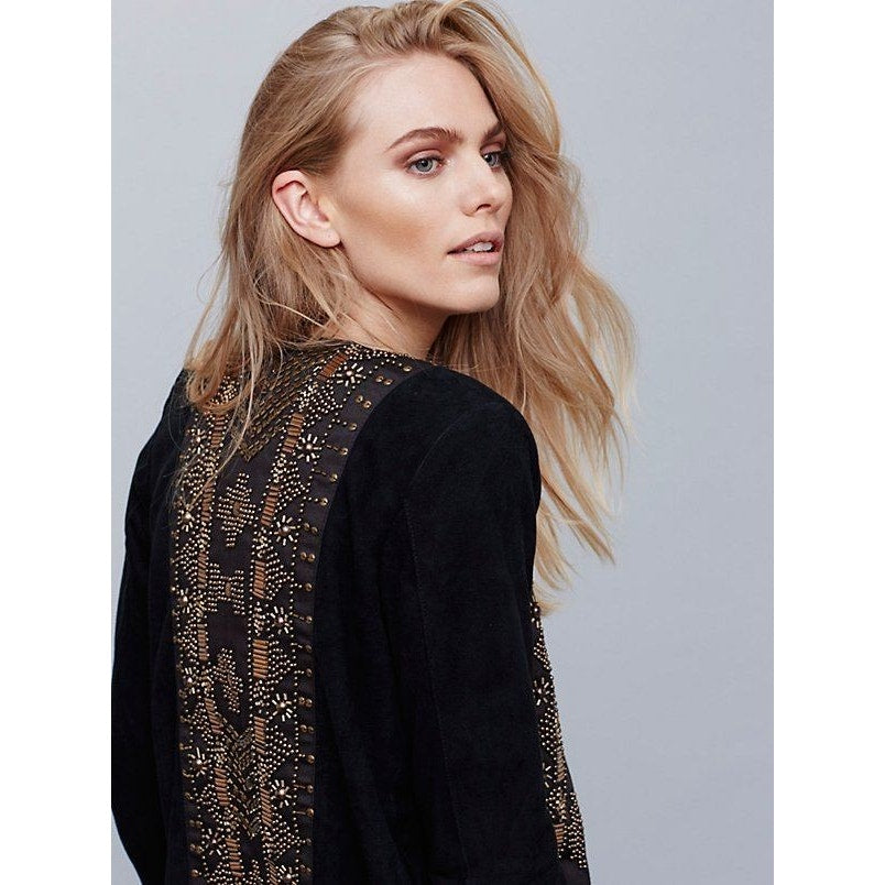 New Free People CLEOBELLA Taylor Jacket $739 Black FRINGED Embellished SUEDE