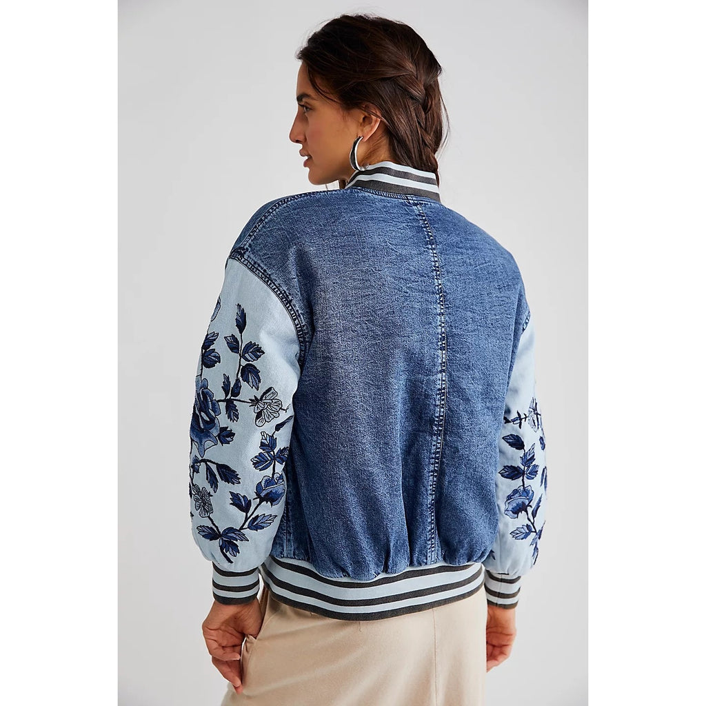 New Free People WTF Team Spirit Jacket $298 SMALL Stone Blue Floral Embroidery