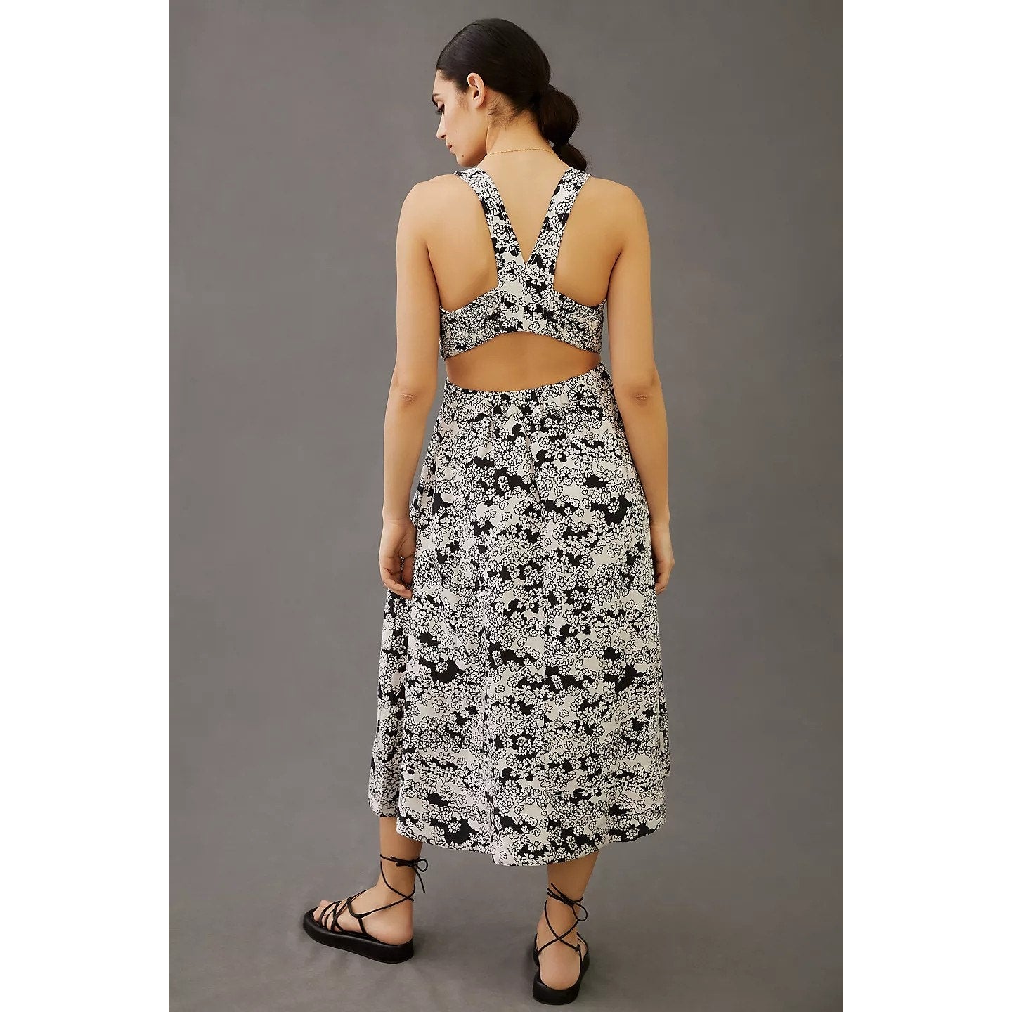 New By Anthropologie Floral Printed Midi Dress LINEN $170 X-SMALL Black