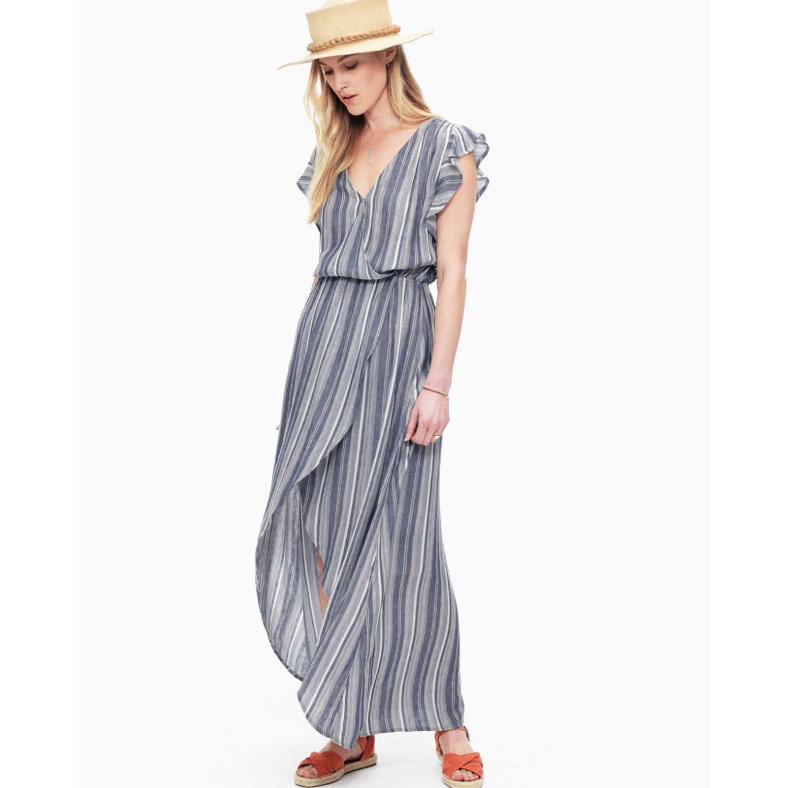 Striped chambray maxi dress with ruffled cap sleeves and V-neck bodice
