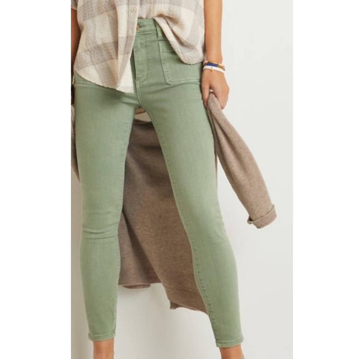 New Anthropologie Pilcro Patch Pocket Skinny Jeans $128 SIZE 28 Green Ankle Crop