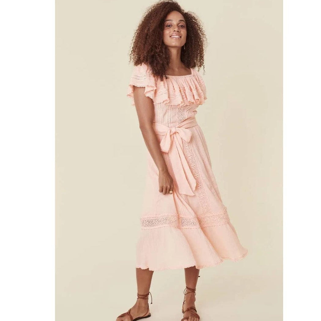 New Free People x Spell Cassie Off The Shoulder Lace Gown $299 X-SMALL Pink Free People